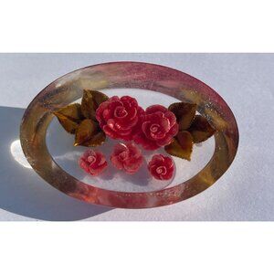 Vintage Floral Lucite Brooch With Pink Roses & Green Leaves - Oval Pin